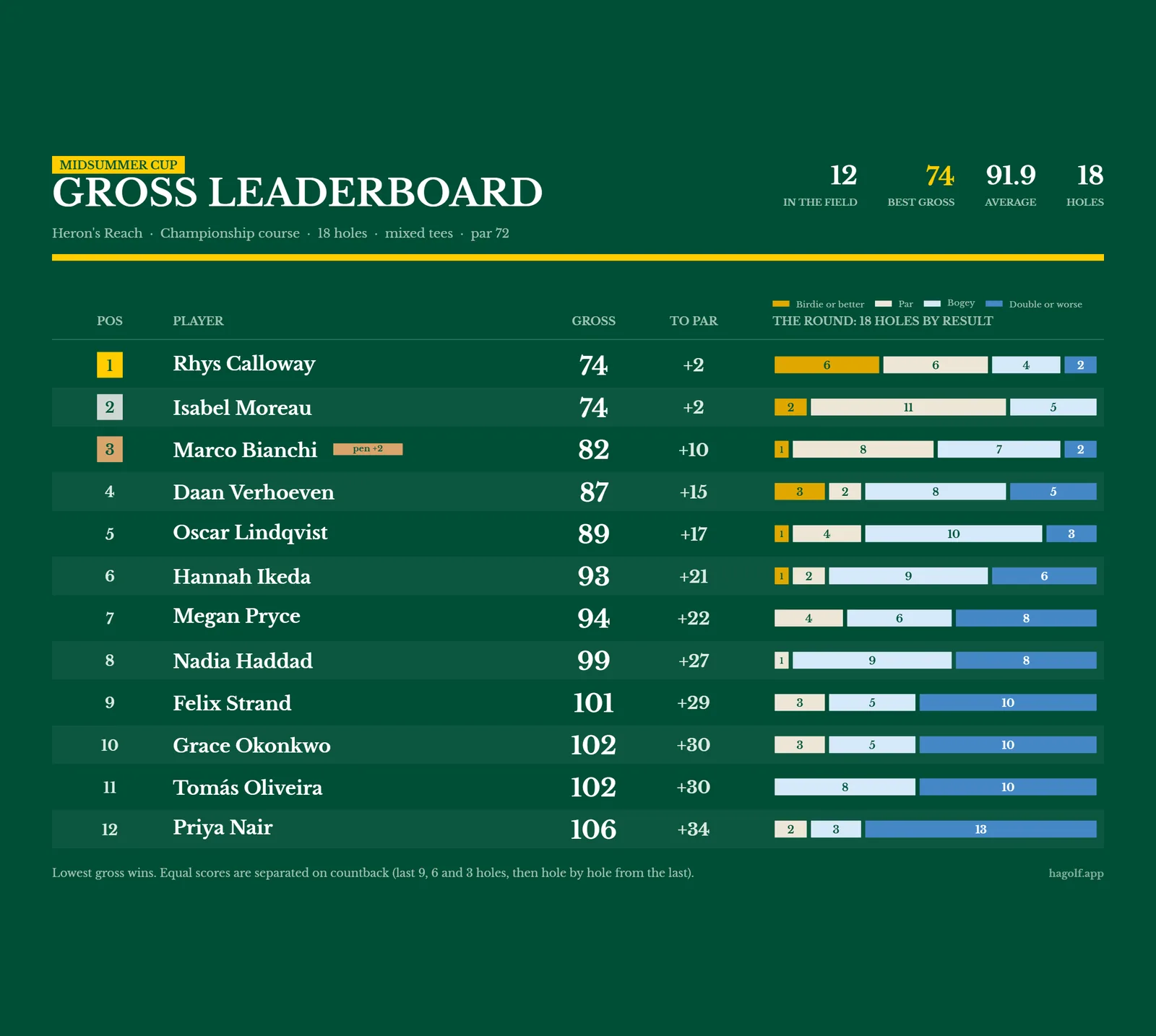 A gross leaderboard: twelve players by gross score and to par, each with a bar of their eighteen holes coloured by birdie, par, bogey and double or worse. Drawn here in Masters.